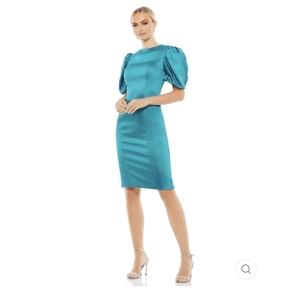 MAC DUGGAL SATIN PUFF SLEEVE FITTED COCKTAIL DRESS in ocean blue size 4